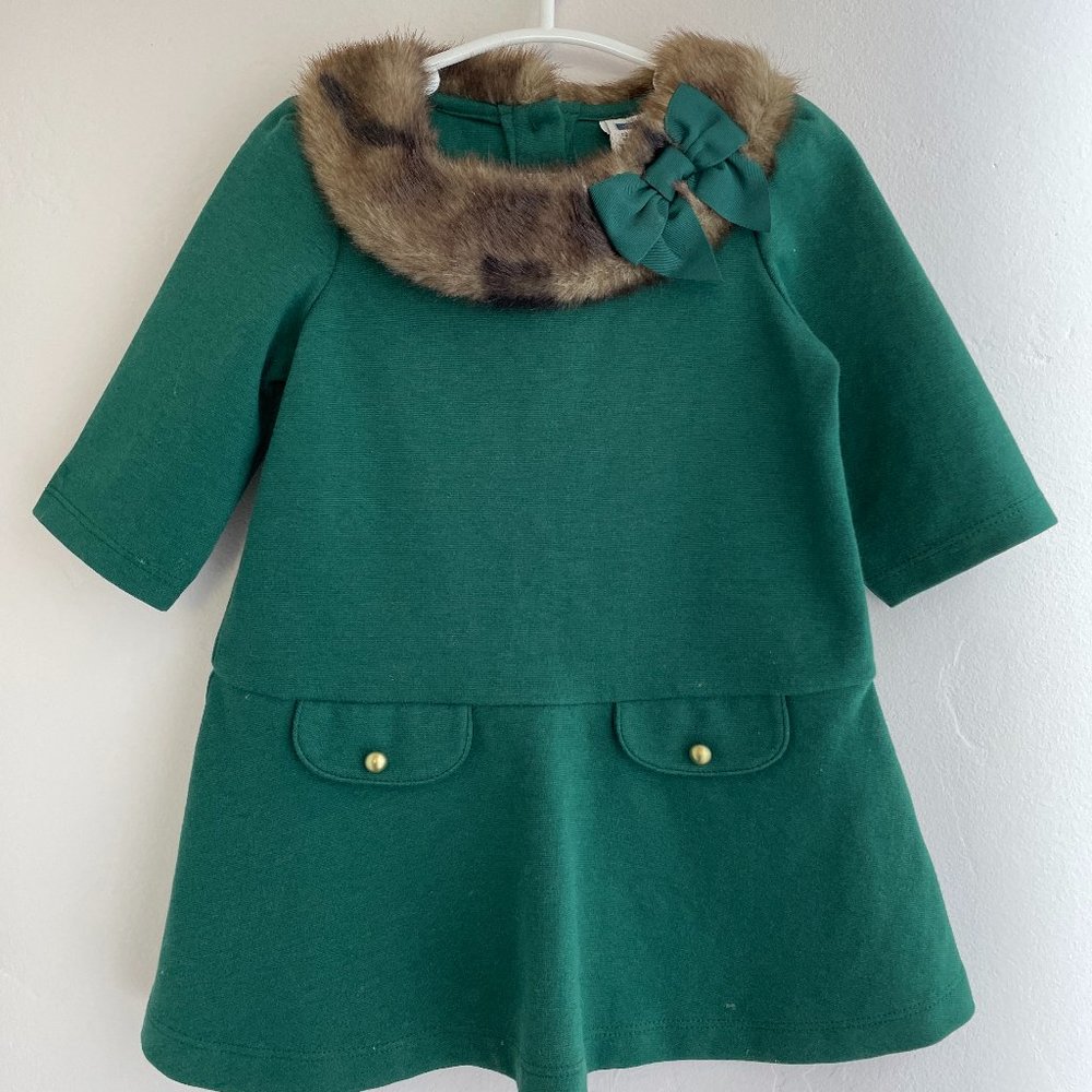Janie and Jack Faux Fur Green Holiday Dress 12-18 mos EUC